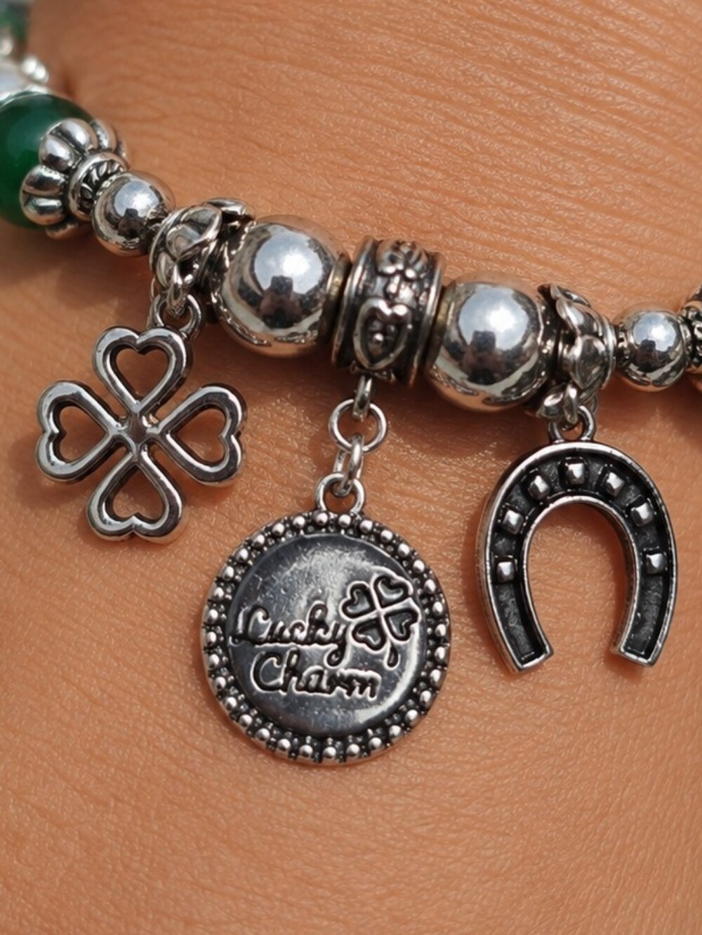 Irish Lucky Charm Bracelet Classic Silver Clover & Horseshoe Beaded Stretch Fit - Picture 2 of 3